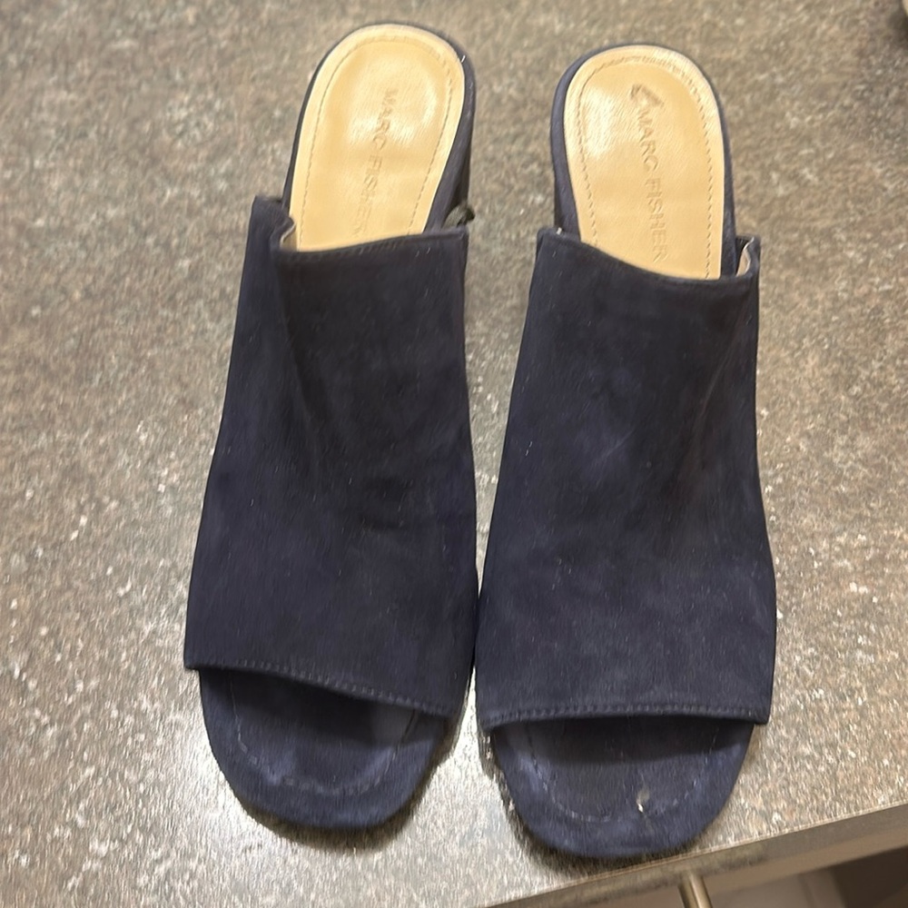Marc Fisher blue suede mules